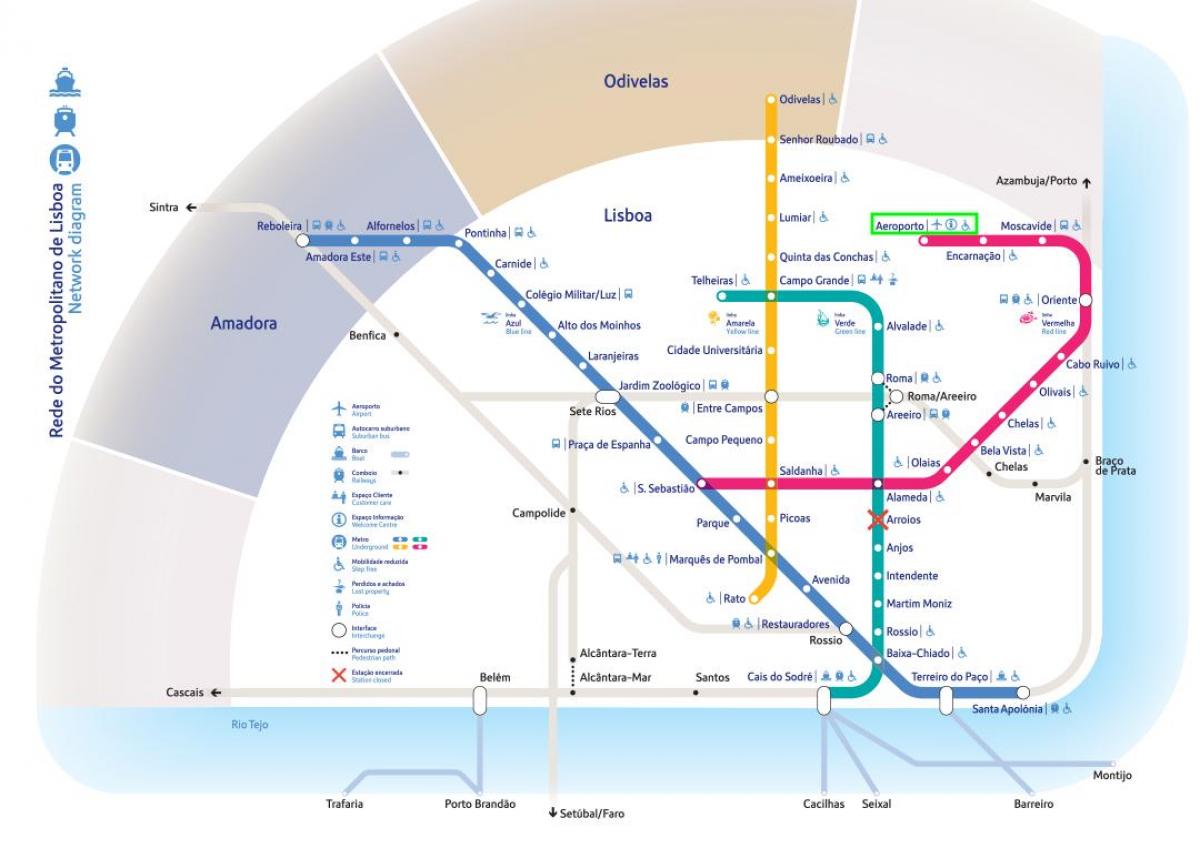 lissabon luchthaven naar de city metro kaart