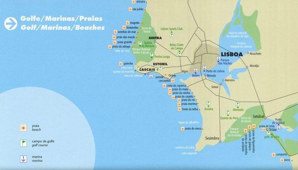 Stranden van lissabon kaart - Kaart van de stranden van lissabon (Portugal)